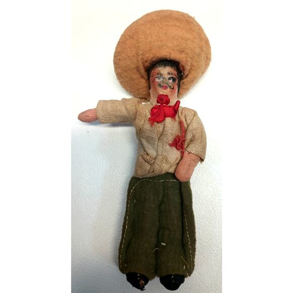 Vintage Mexican Folk Art Fabric Cloth Handmade Dolls 6" Set of 2 1940's? - Picture 3 of 8